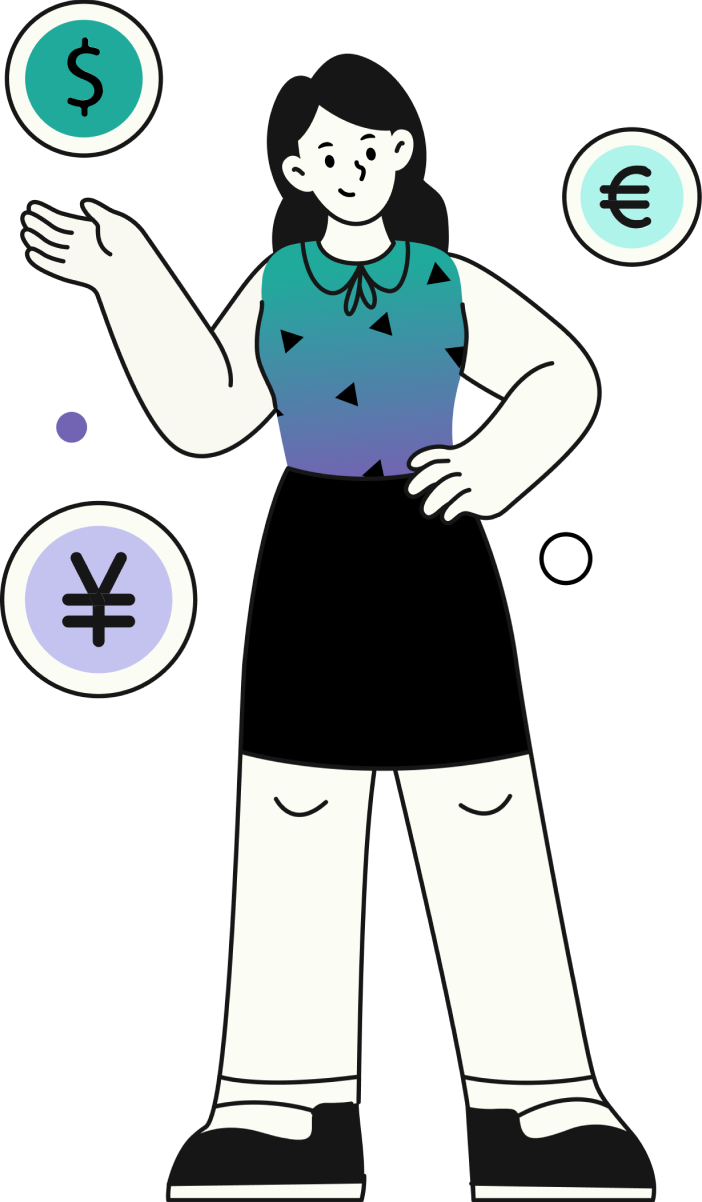 Woman standing surrounded by currency symbols
